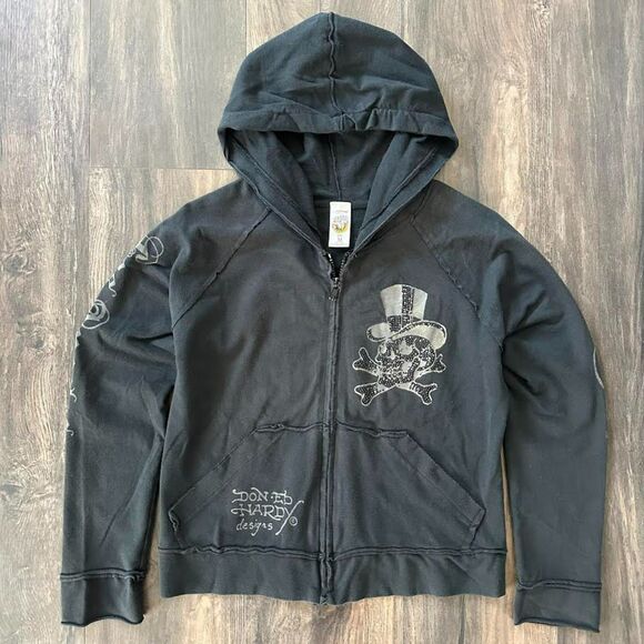 Y2K Ed Hardy Full Zip Hoodie Sweater Black LA Skull Graphic Size Medium Crop Fit - Picture 1 of 8